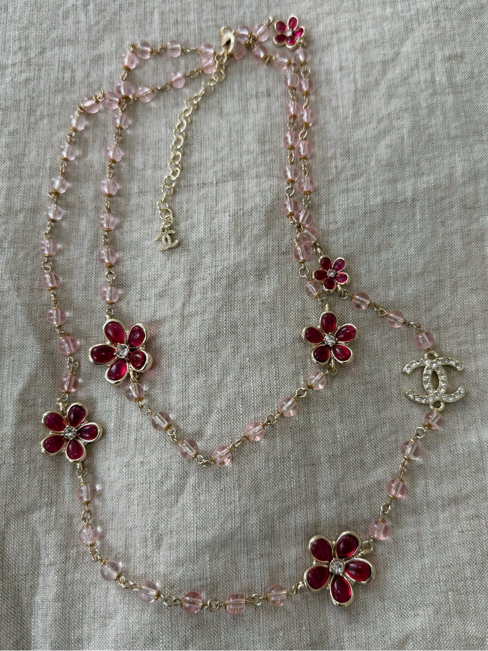 ✨Chanel Pink Bead & Red Enamel Flower Multi-Strand Necklace w/ Crystal CC 🌸